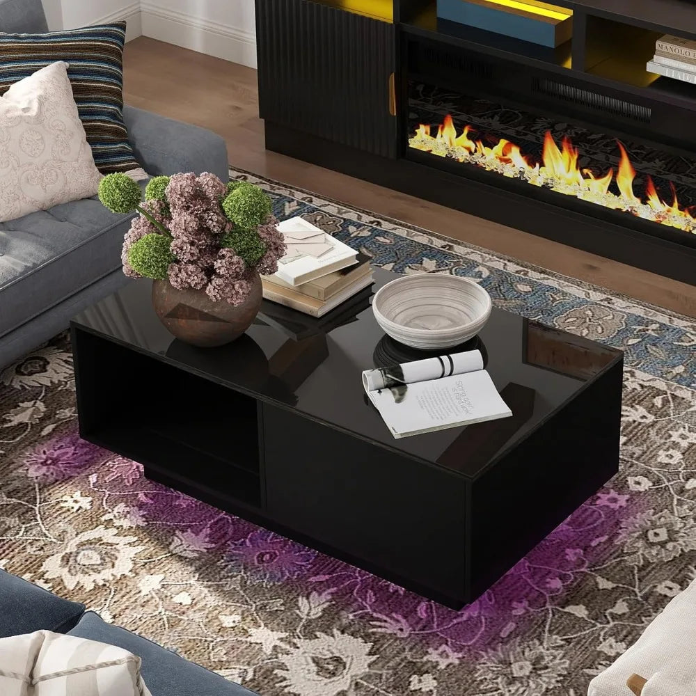 43.3IN LED Black Coffee Tables for Living Room with 16 Colors LED Lights Modern Coffee Table with Storage Drawer Rectangle Cent