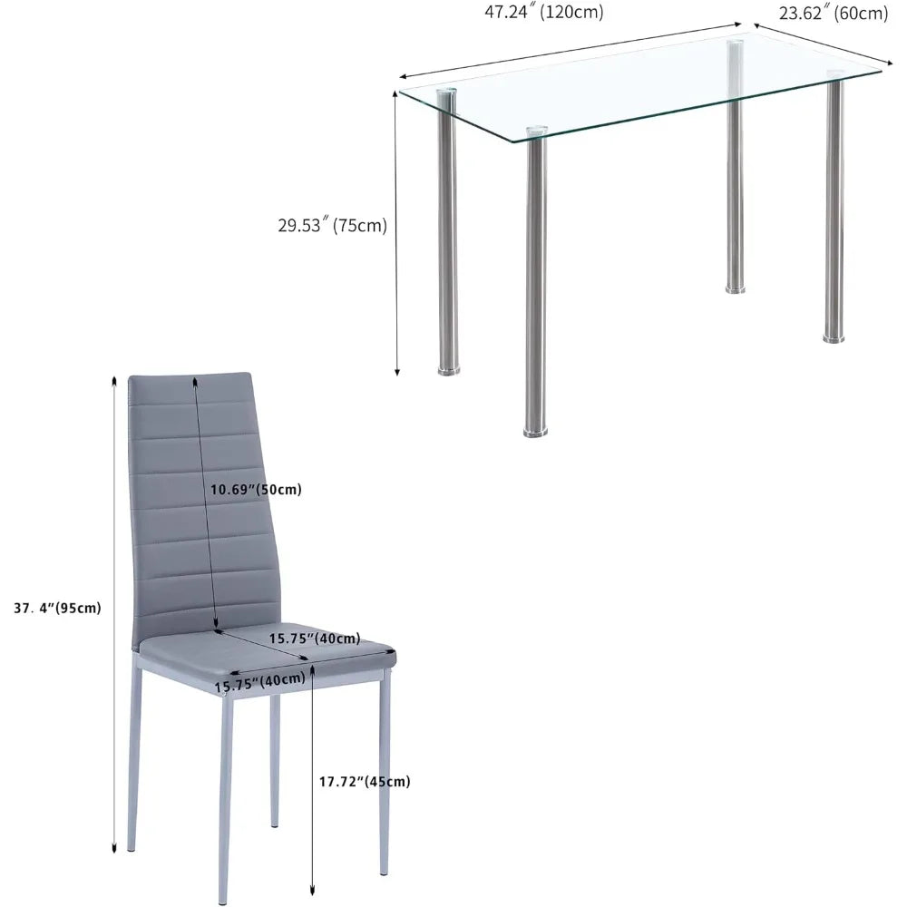 Dining Table and Chair 5 Pieces Set, Dining Set for 4 Kitchen Room with 4 Chairs, Rectangular Glass with 4 PU