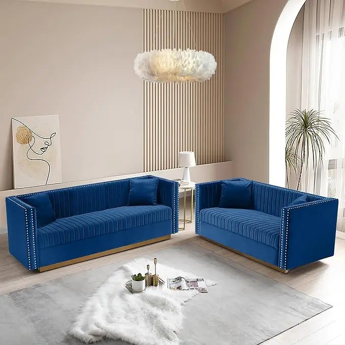Luxury Velvet Sofa Set for Living Room,with Nailhead Gold Metal Legs and 4 Pillows for Bedroom, Luxury Velvet Sofa
