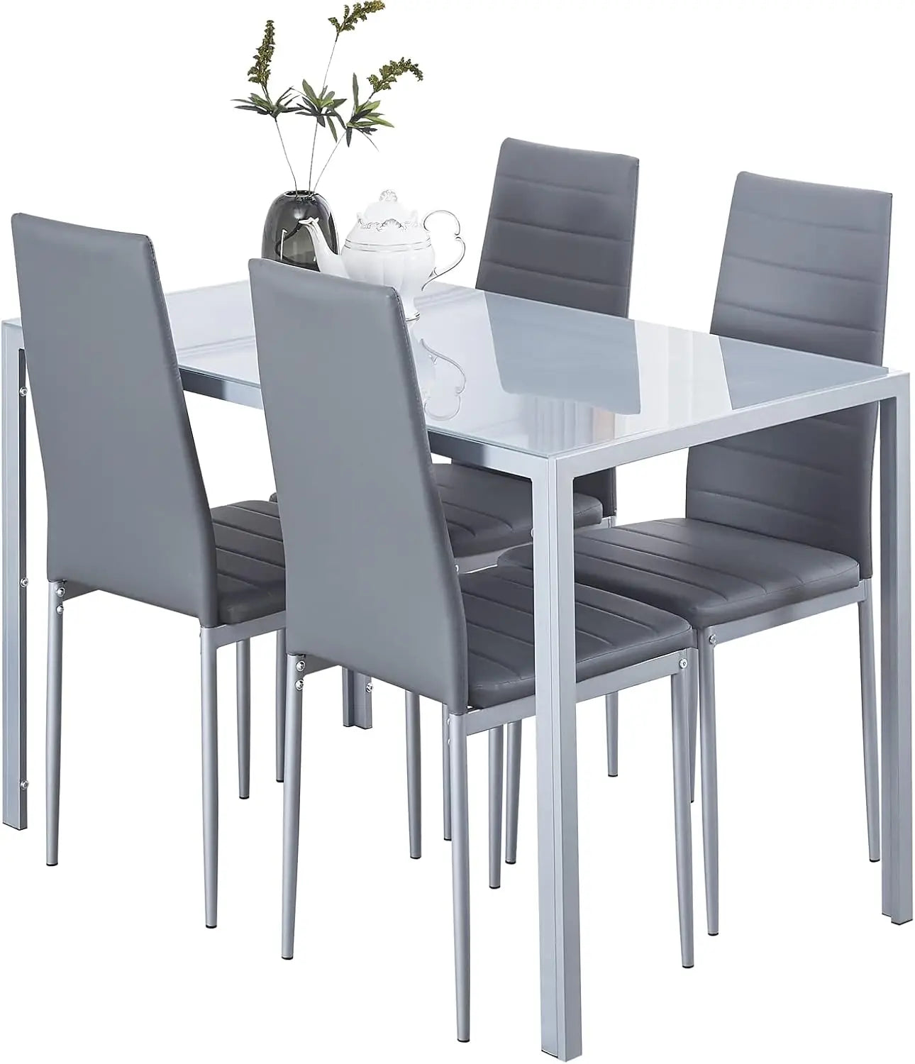 Dining Table and Chair 5 Pieces Set, Dining Set for 4 Kitchen Room with 4 Chairs, Rectangular Glass with 4 PU