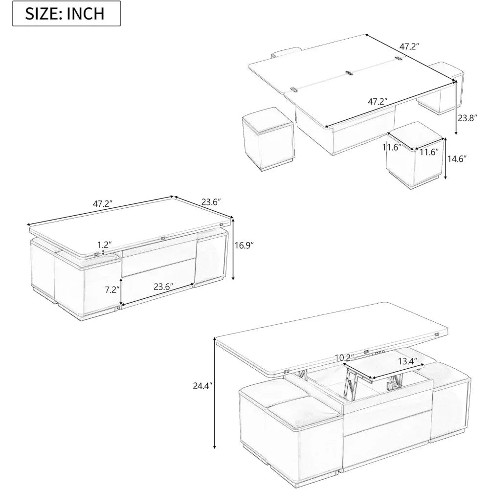 Unique Pull Out Lift Top Coffee Table, Hidden Compartment and Tempered Glass Surface for Living Room, Height Adjustable