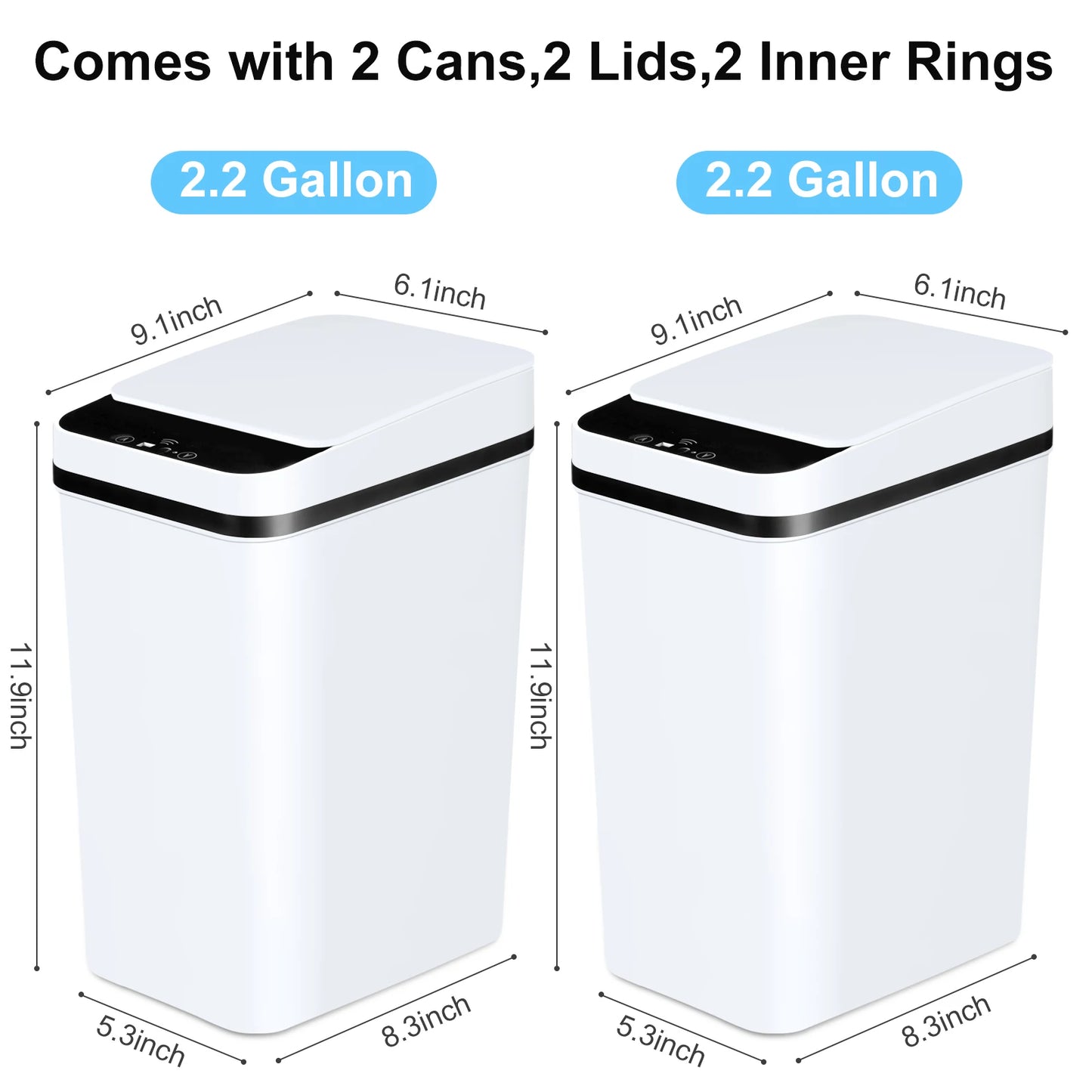 2 Pack 12 Liter Touchless Motion Sensor Slim Bathroom Trash Cans with Lid for Home and Office White