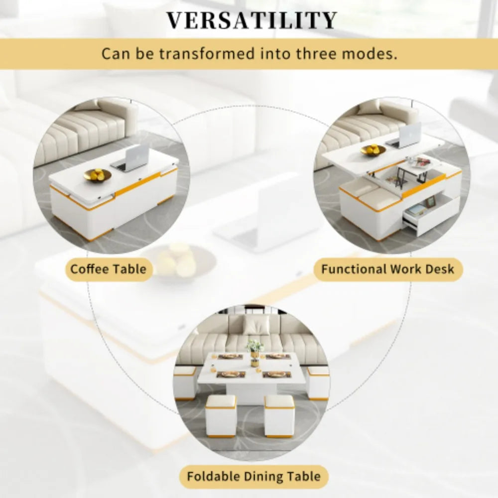 Unique Pull Out Lift Top Coffee Table, Hidden Compartment and Tempered Glass Surface for Living Room, Height Adjustable