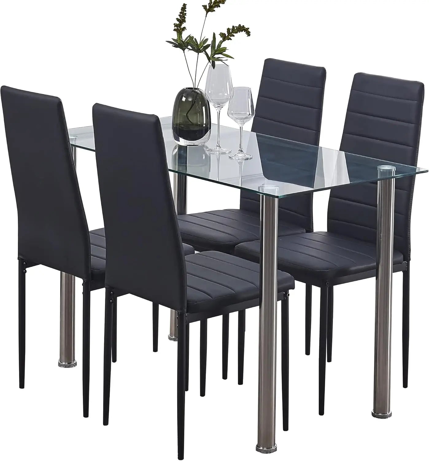 Dining Table and Chair 5 Pieces Set, Dining Set for 4 Kitchen Room with 4 Chairs, Rectangular Glass with 4 PU