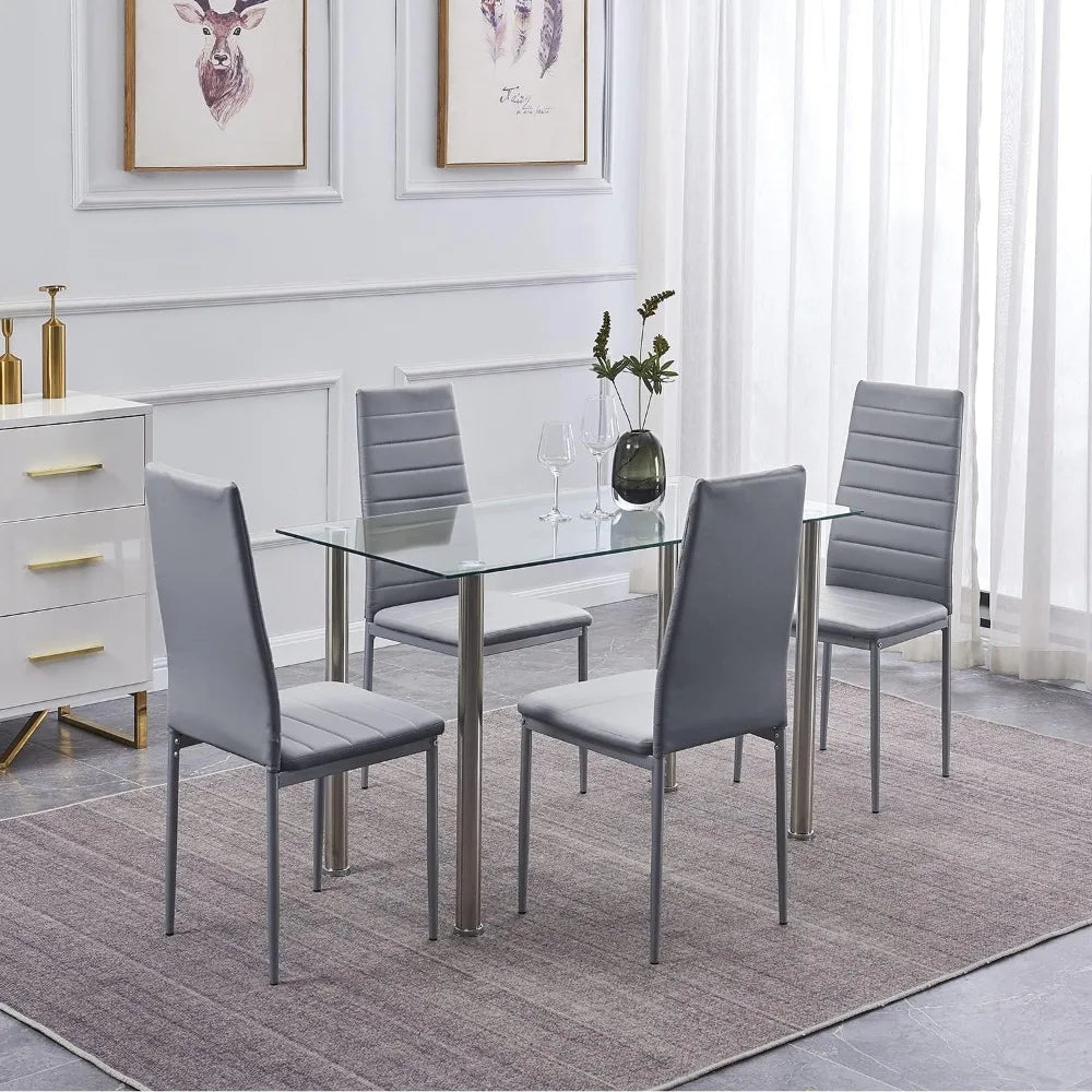 Dining Table and Chair 5 Pieces Set, Dining Set for 4 Kitchen Room with 4 Chairs, Rectangular Glass with 4 PU