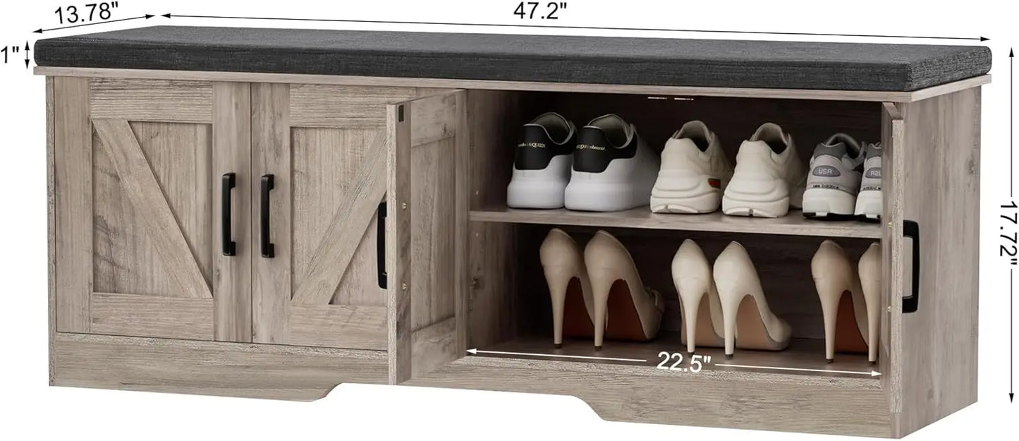 2-Tier Storage Bench Shoe Bench with Padded Seat Cushion Entryway Bench with 4 Barn Doors Adjustable Shelf 13.8" D x 47.2" W x 1