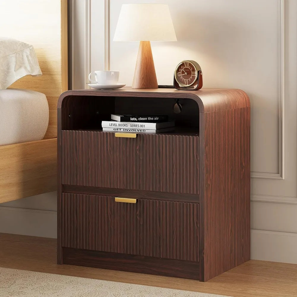 24" Fluted Nightstand Set of 2 with Charging Station, Wooden End Table with 2 Drawers Storage, Curved Profile Design, Modern Bed