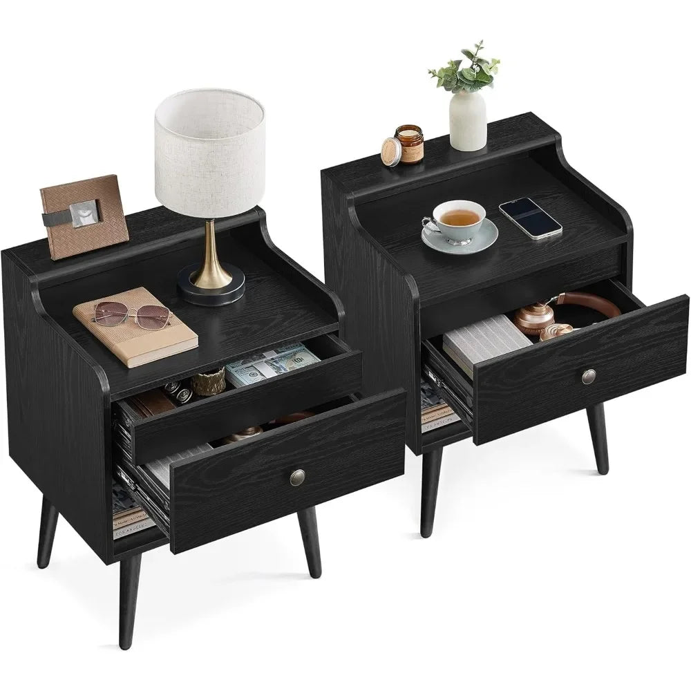 Nightstands, Set of 2, Bedside Tables with Hidden Drawers, Mid-Century End Tables, Ebony Black