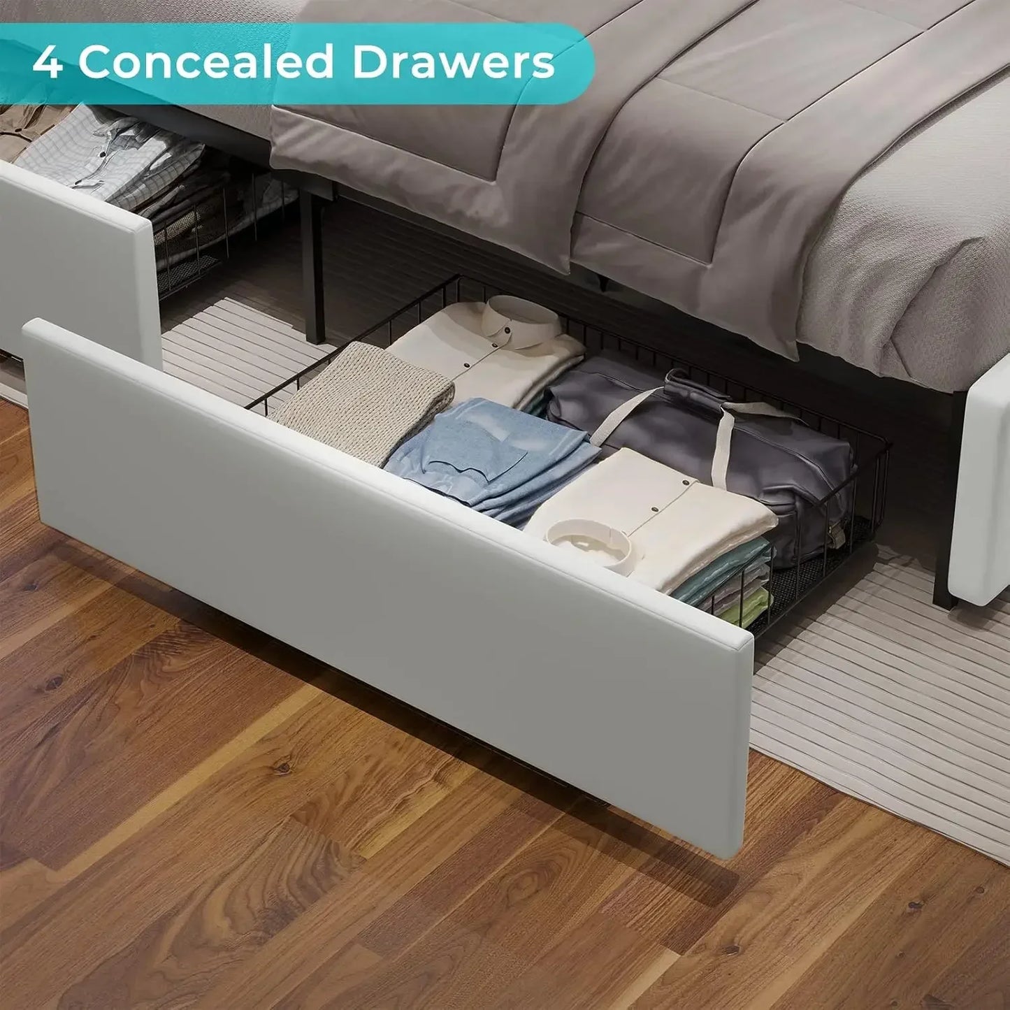 Queen Bed Frame with 4 Storage Drawers, LED Light Platform Bed Queen Size with Charging Station