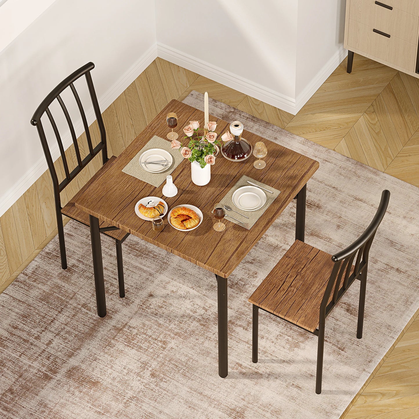 Dining Table Set for 2, Kitchen Table and Chairs for 2 with Wine Rack, Dining Room Table Set with 2 Chairs, Square Kitchen Table