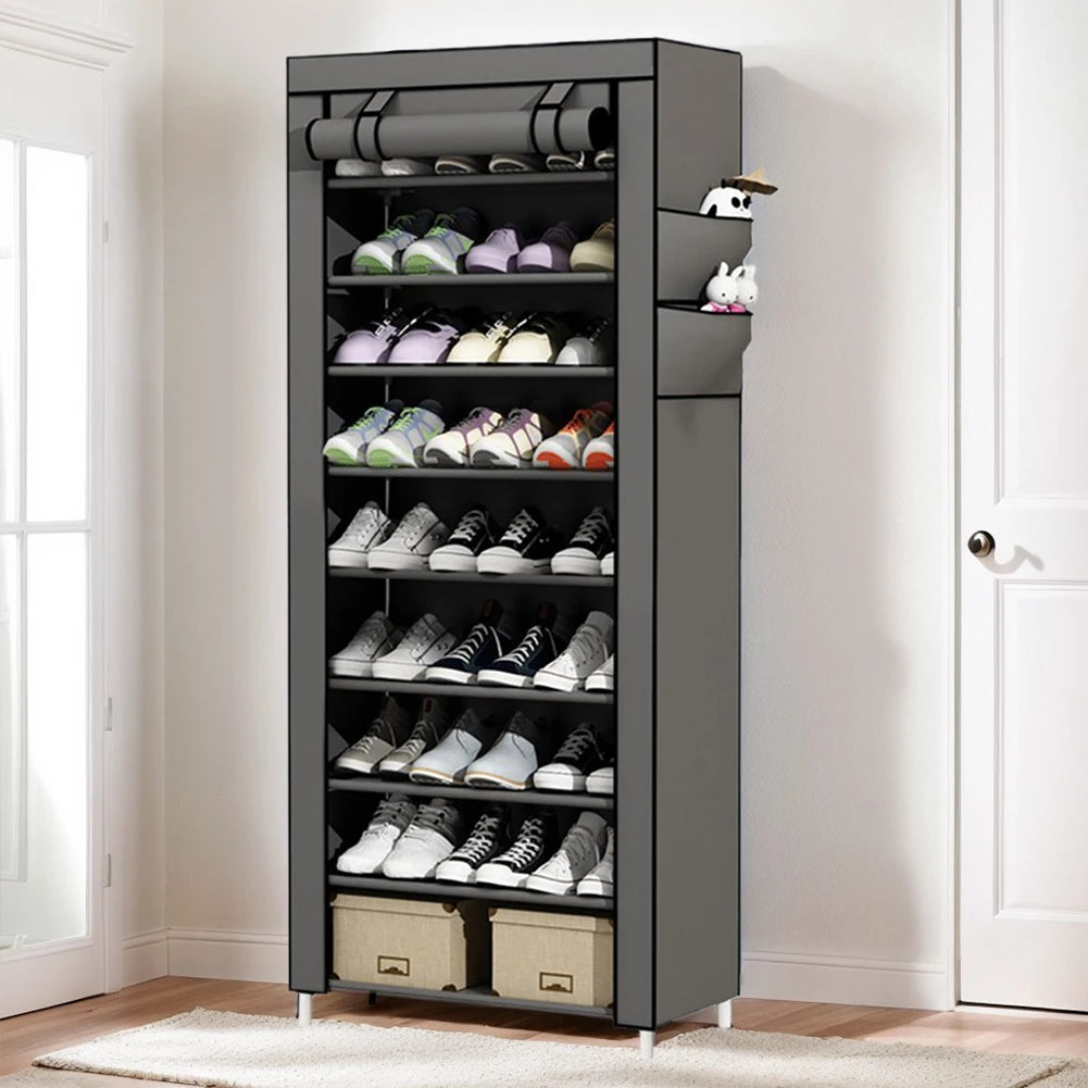 10 Layers Dustproof Shoes Storage Rack with Fabric Cover Free Standing Organizer for Home Student Dormitory Office Worker