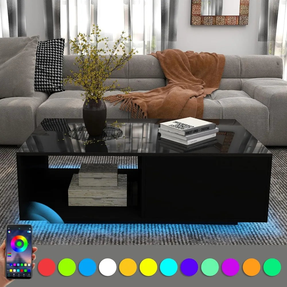 43.3IN LED Black Coffee Tables for Living Room with 16 Colors LED Lights Modern Coffee Table with Storage Drawer Rectangle Cent