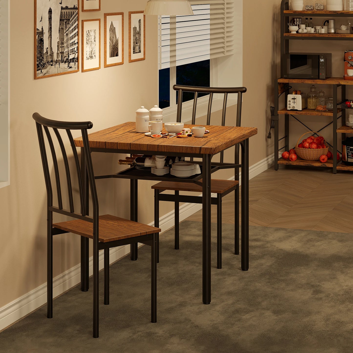 Dining Table Set for 2, Kitchen Table and Chairs for 2 with Wine Rack, Dining Room Table Set with 2 Chairs, Square Kitchen Table