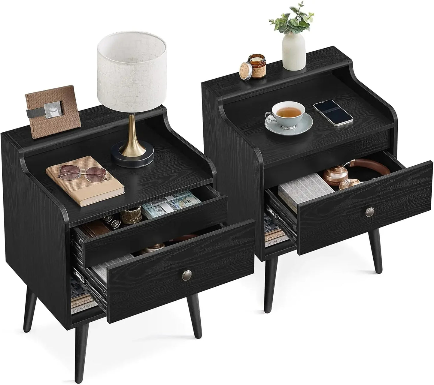 Nightstands, Set of 2, Bedside Tables with Hidden Drawers, Mid-Century End Tables, Ebony Black