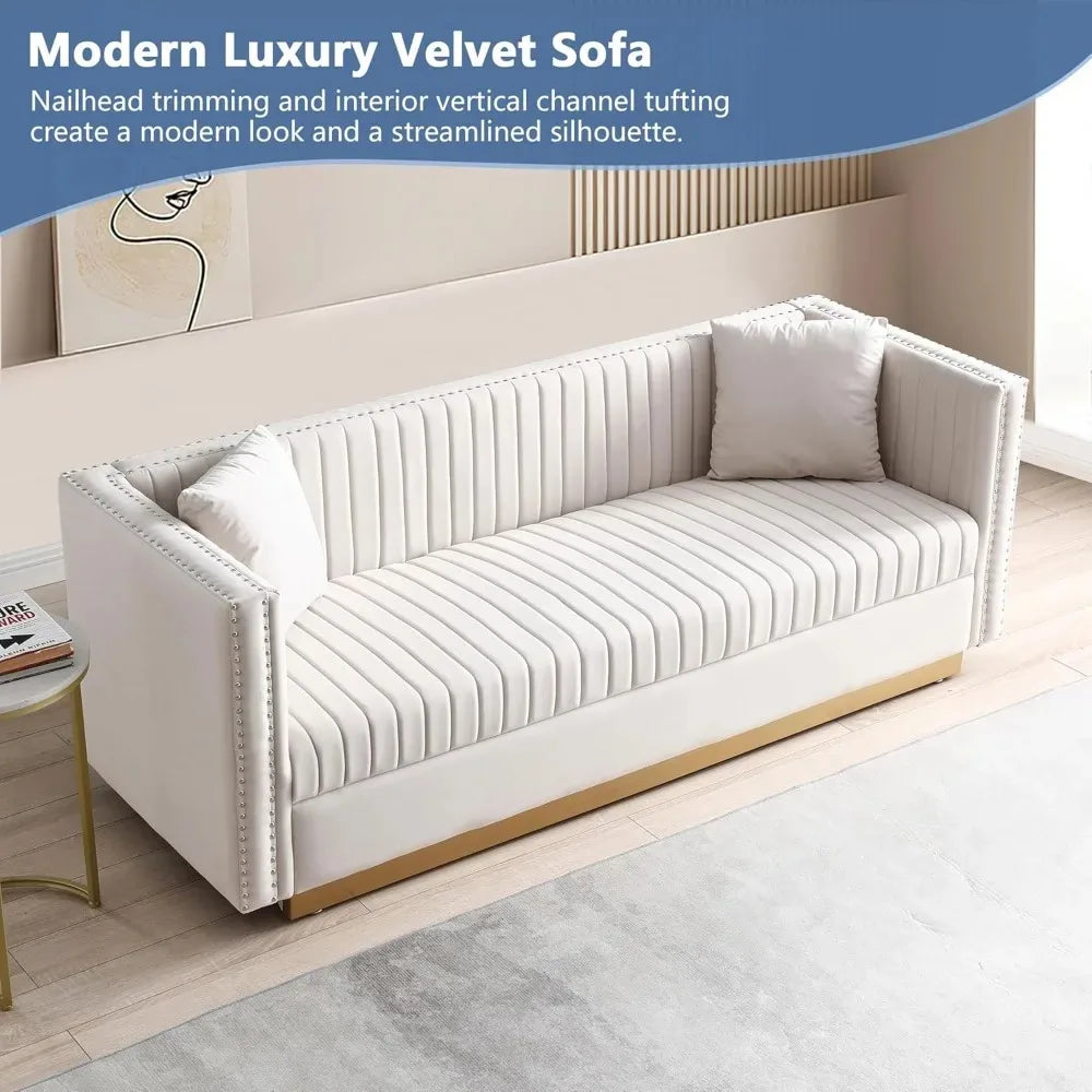 Luxury Velvet Sofa Set for Living Room,with Nailhead Gold Metal Legs and 4 Pillows for Bedroom, Luxury Velvet Sofa