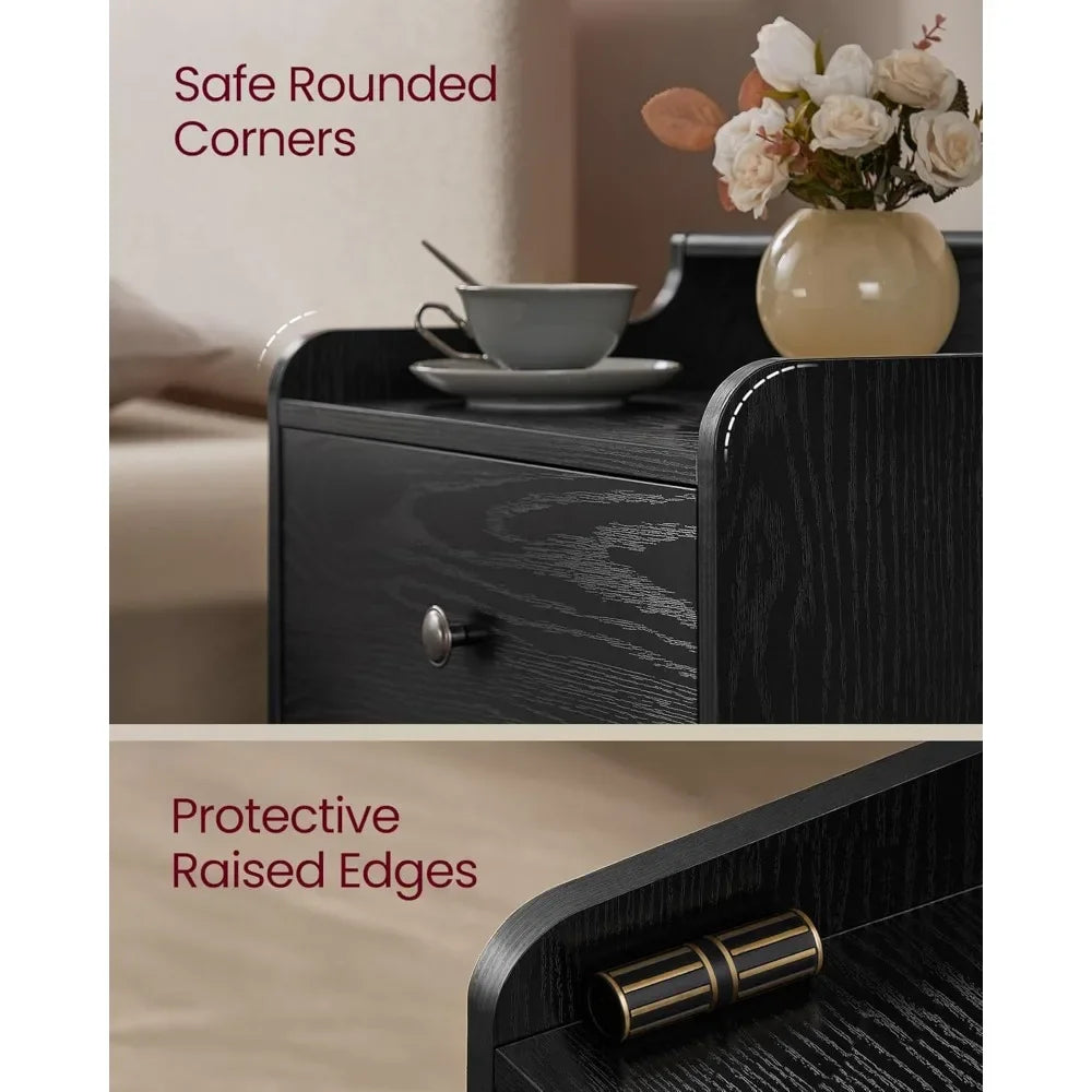 Nightstands, Set of 2, Bedside Tables with Hidden Drawers, Mid-Century End Tables, Ebony Black