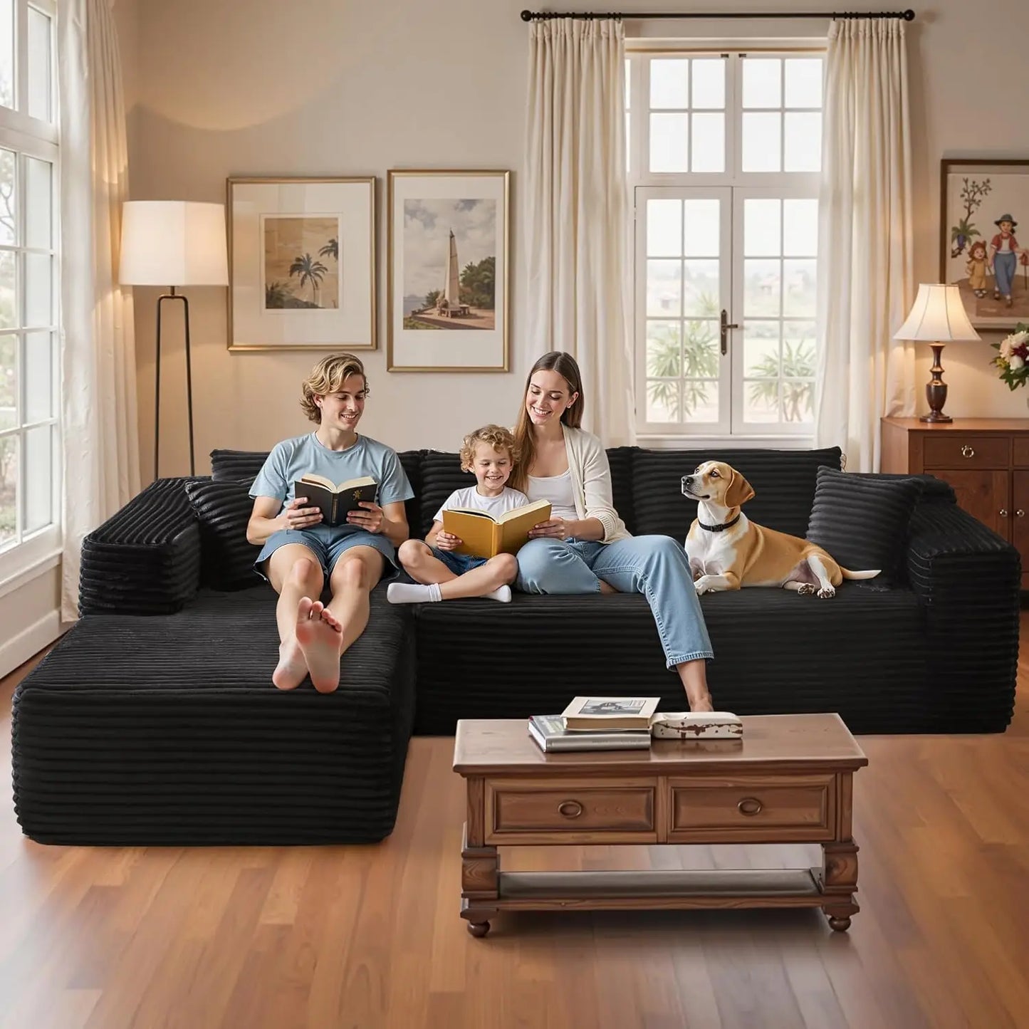 106"Cloud Sectional Couch with Chaise Longue,L Shaped Modular Modern Sofa,Comfy Corduroy Fluffy Couch with Deep Seat,No Assembly