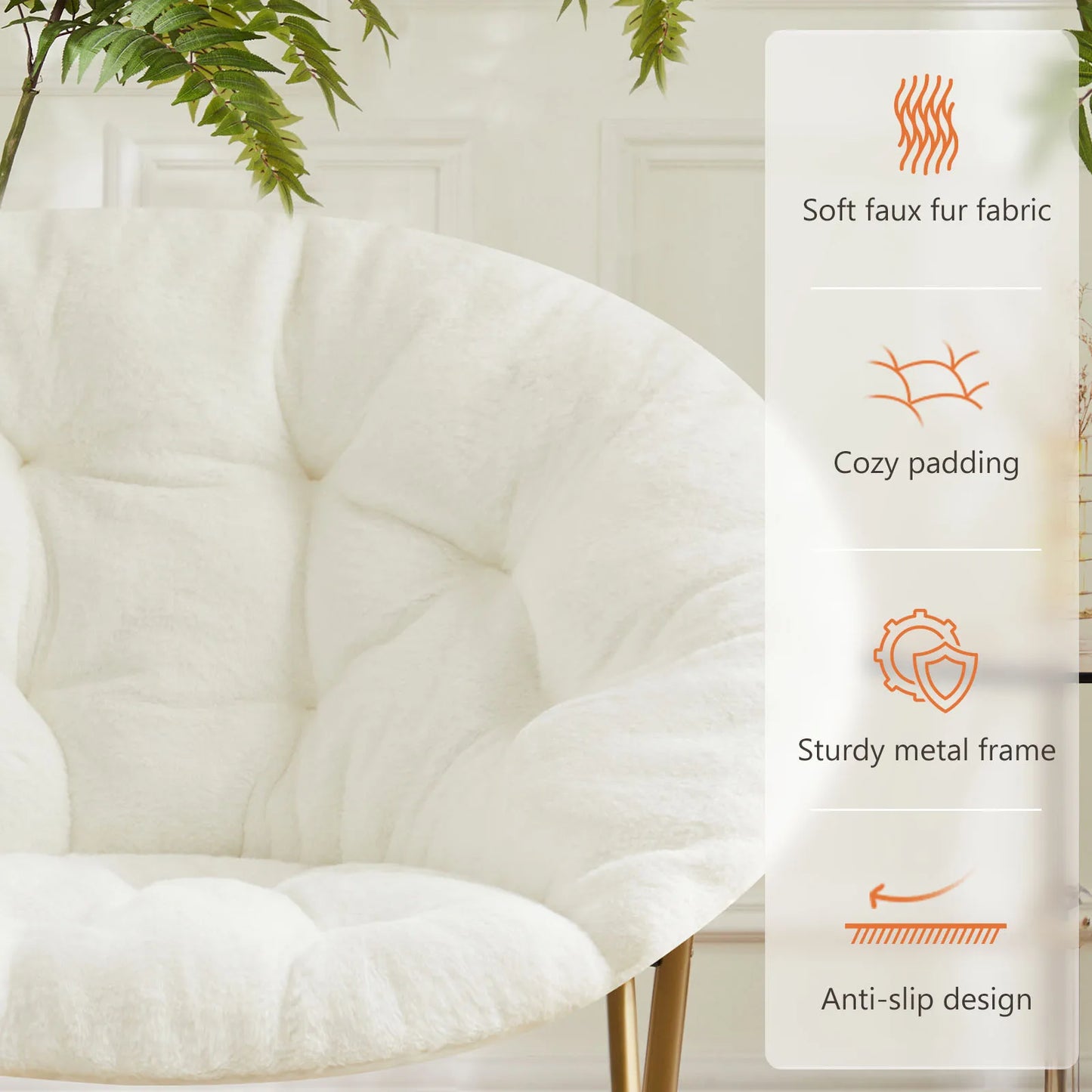 JHK Cozy Saucer Chairs Faux Fur For Living Room Folding Thick Padded Seat Metal Frame X-Large Reading Lounge Furniture