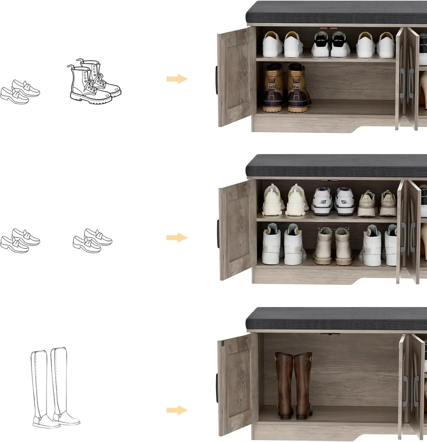 2-Tier Storage Bench Shoe Bench with Padded Seat Cushion Entryway Bench with 4 Barn Doors Adjustable Shelf 13.8" D x 47.2" W x 1