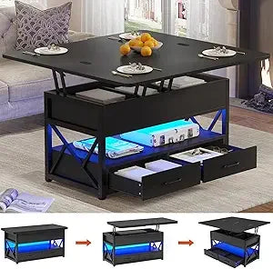 40" Lift Top Coffee Table, 4 in 1 White Coffee Tables with Storage for Living Room, Small Coffee Table with 2 Drawers & LED Lig