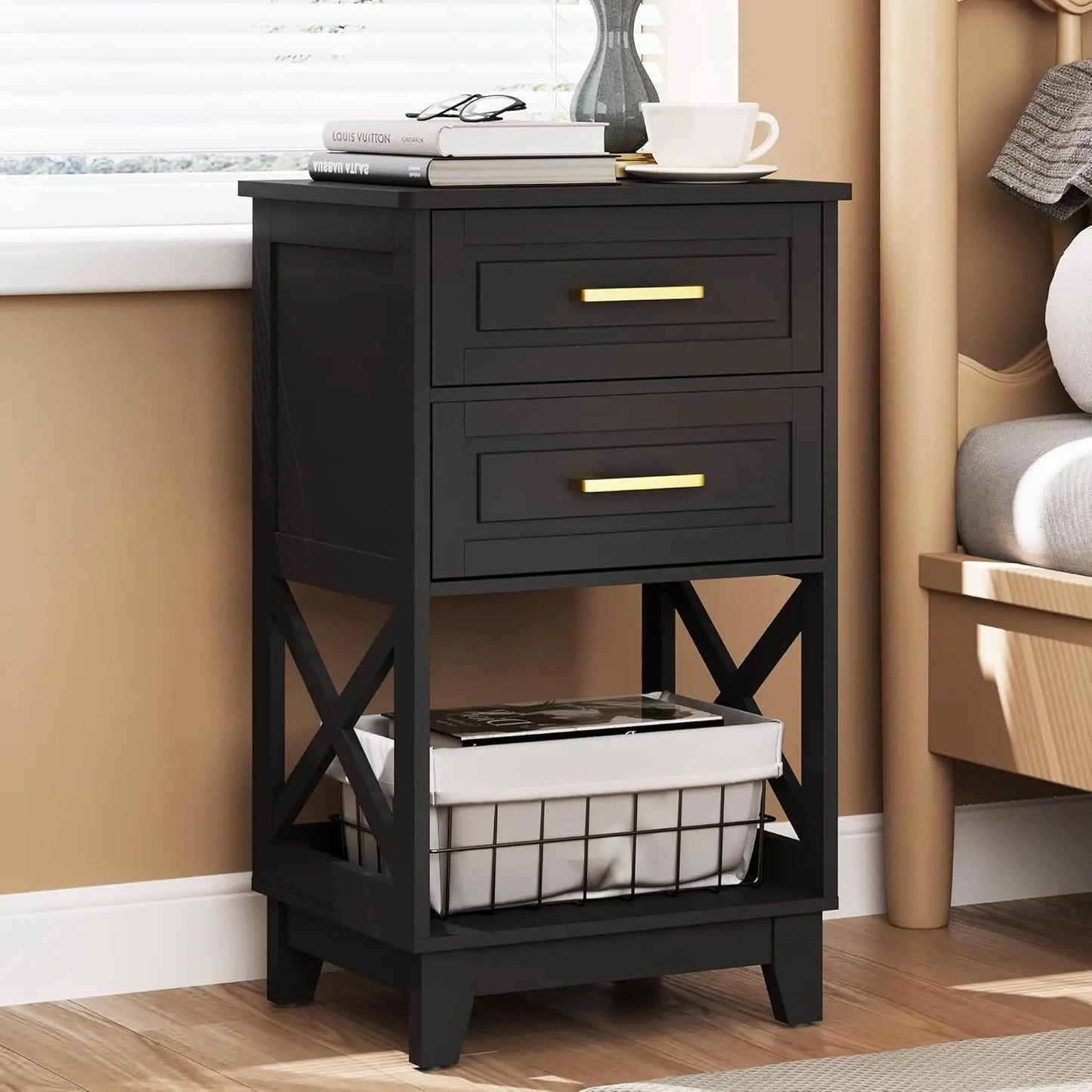 30" Tall Nightstand Set of 2, Black Beside Table with 2 Drawers and Open Shelf Below, Modern Night Stand End Table for Bedroom,