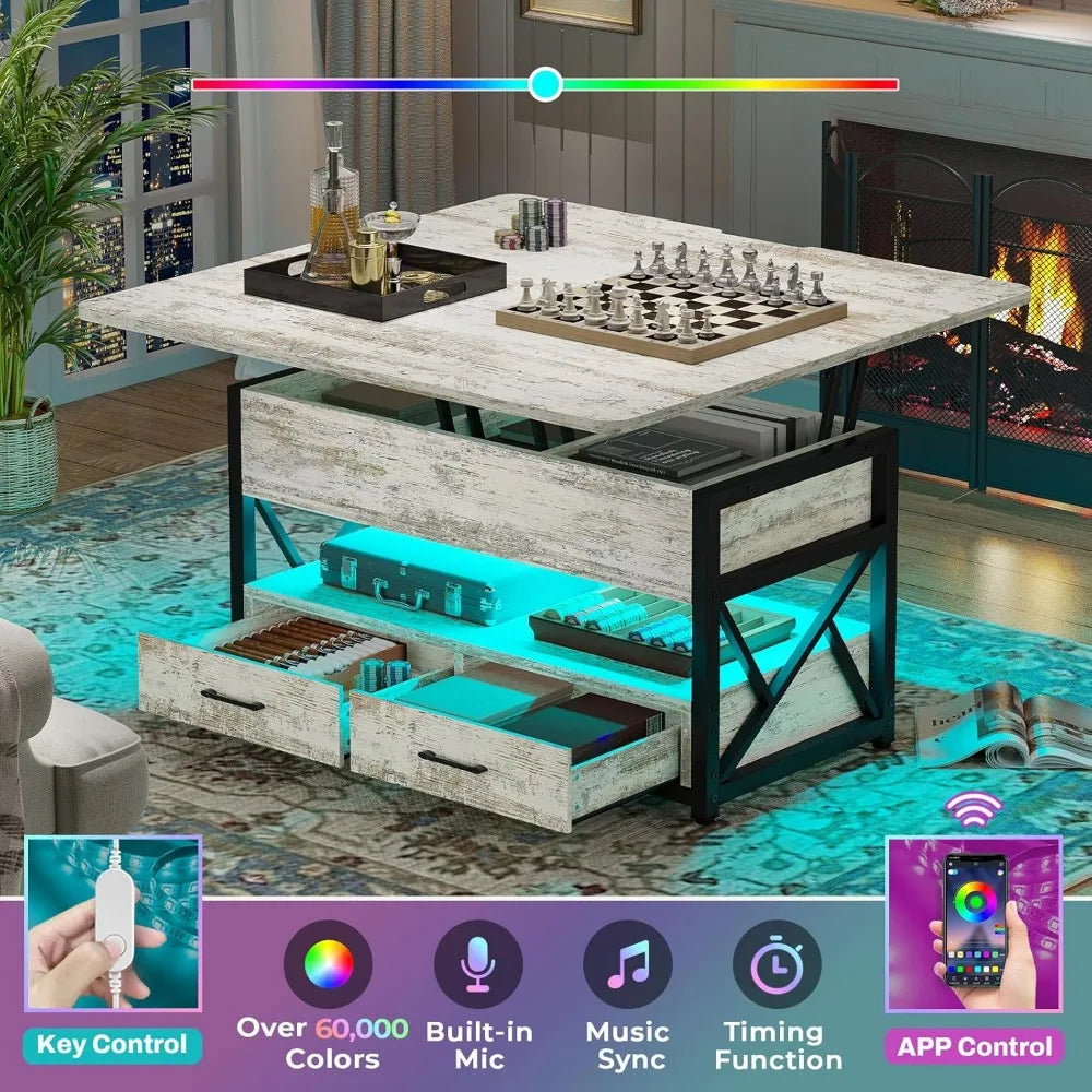 40" Lift Top Coffee Table, 4 in 1 White Coffee Tables with Storage for Living Room, Small Coffee Table with 2 Drawers & LED Lig