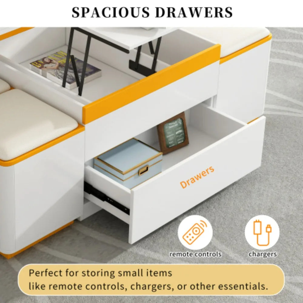Unique Pull Out Lift Top Coffee Table, Hidden Compartment and Tempered Glass Surface for Living Room, Height Adjustable