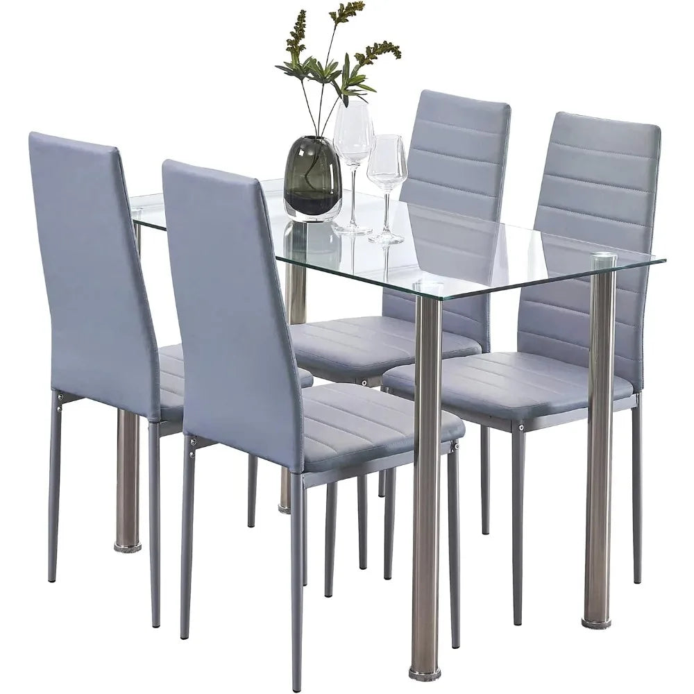 Dining Table and Chair 5 Pieces Set, Dining Set for 4 Kitchen Room with 4 Chairs, Rectangular Glass with 4 PU