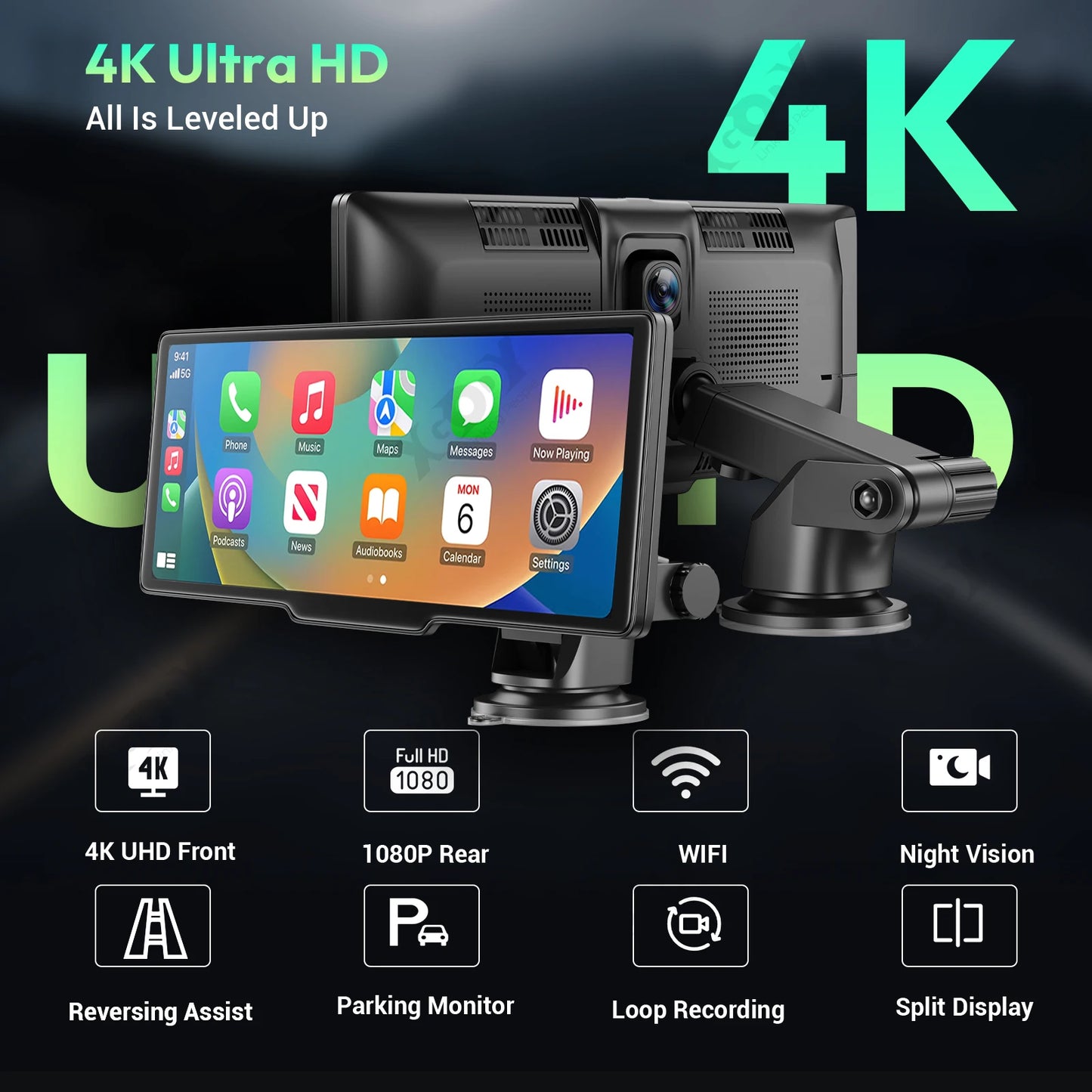 10.26'' Portable Car Stereo 4K +1080P Dash Cam Wireless Apple CarPlay Android Auto