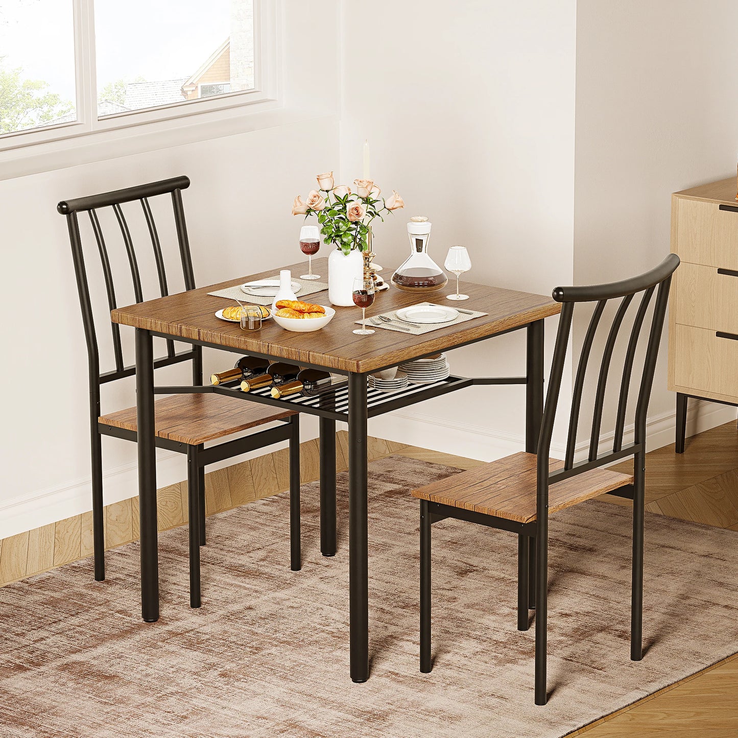 Dining Table Set for 2, Kitchen Table and Chairs for 2 with Wine Rack, Dining Room Table Set with 2 Chairs, Square Kitchen Table