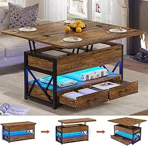 40" Lift Top Coffee Table, 4 in 1 White Coffee Tables with Storage for Living Room, Small Coffee Table with 2 Drawers & LED Lig