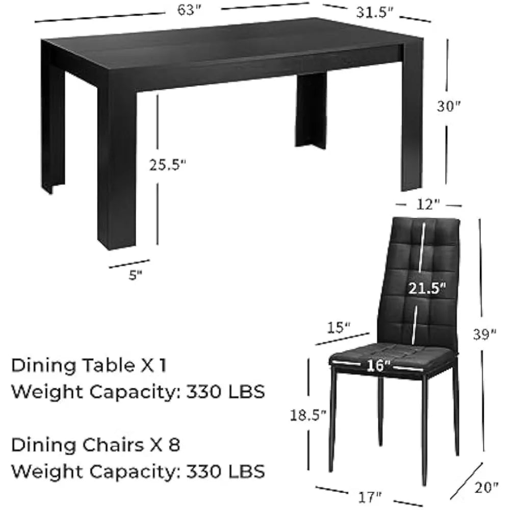 9-Pcs Dining Table Set, 63" Large Wood Rectangular Table with 8 Upholstered Chairs, Modern Kitchen and Tables Set for Dining Ro