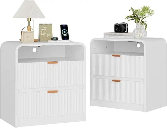 24" Fluted Nightstand Set of 2 with Charging Station, Wooden End Table with 2 Drawers Storage, Curved Profile Design, Modern Bed