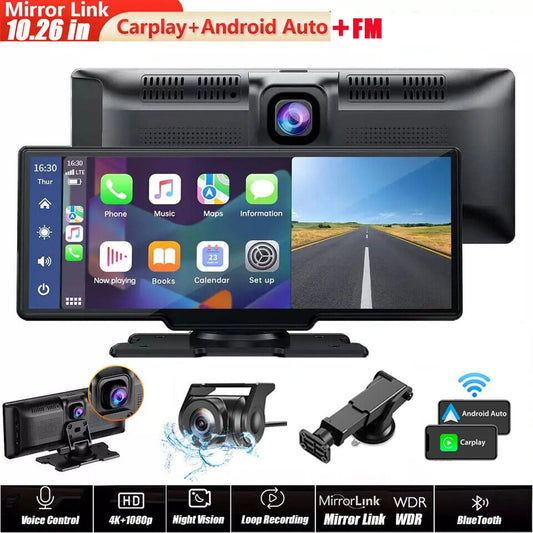 10.26'' Portable Car Stereo 4K +1080P Dash Cam Wireless Apple CarPlay Android Auto