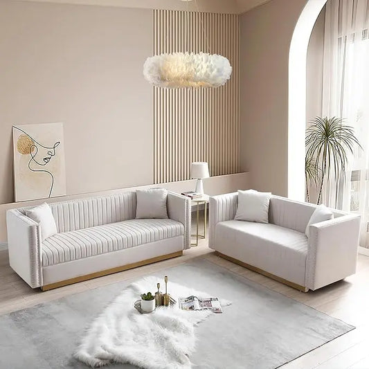Luxury Velvet Sofa Set for Living Room,with Nailhead Gold Metal Legs and 4 Pillows for Bedroom, Luxury Velvet Sofa