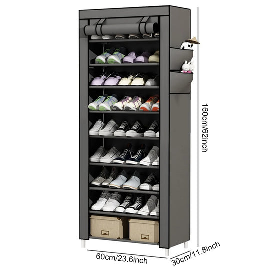 10 Layers Dustproof Shoes Storage Rack with Fabric Cover Free Standing Organizer for Home Student Dormitory Office Worker