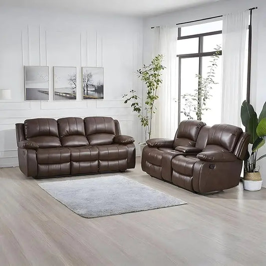 Furniture 2PC Bonded Leather Reclining Sofa Loveseat Set,(Gray), Living Room Sofa Set
