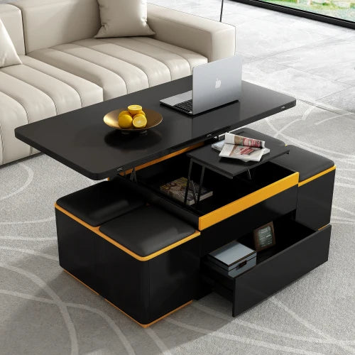 Unique Pull Out Lift Top Coffee Table, Hidden Compartment and Tempered Glass Surface for Living Room, Height Adjustable