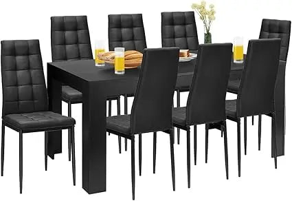 9-Pcs Dining Table Set, 63" Large Wood Rectangular Table with 8 Upholstered Chairs, Modern Kitchen and Tables Set for Dining Ro