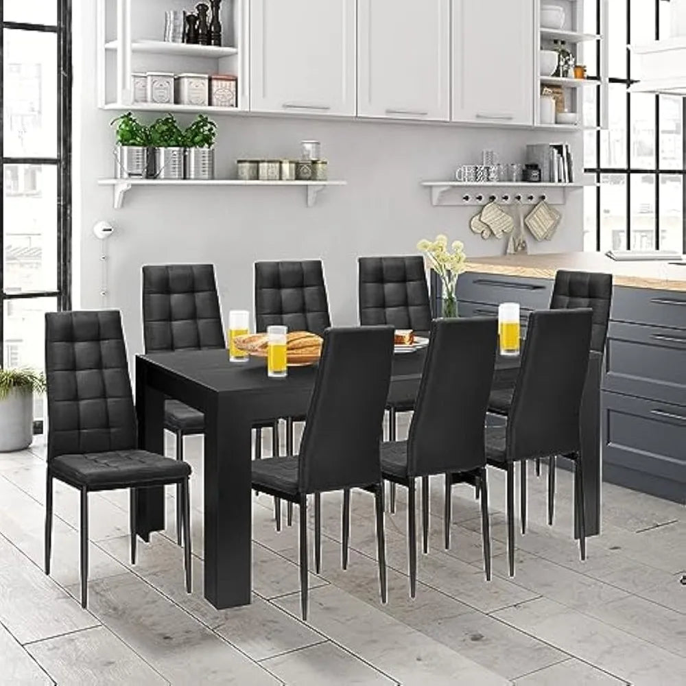 9-Pcs Dining Table Set, 63" Large Wood Rectangular Table with 8 Upholstered Chairs, Modern Kitchen and Tables Set for Dining Ro