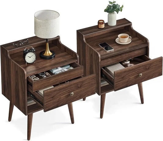 Nightstands, Set of 2, Bedside Tables with Hidden Drawers, Mid-Century End Tables, Ebony Black