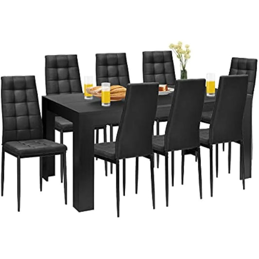 9-Pcs Dining Table Set, 63" Large Wood Rectangular Table with 8 Upholstered Chairs, Modern Kitchen and Tables Set for Dining Ro