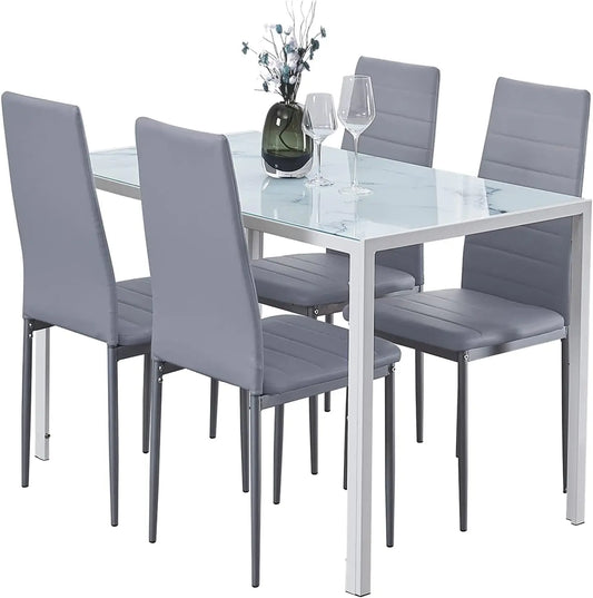 Dining Table and Chair 5 Pieces Set, Dining  Set for 4 Kitchen Room  with 4 Chairs, Rectangular Glass  with 4 PU