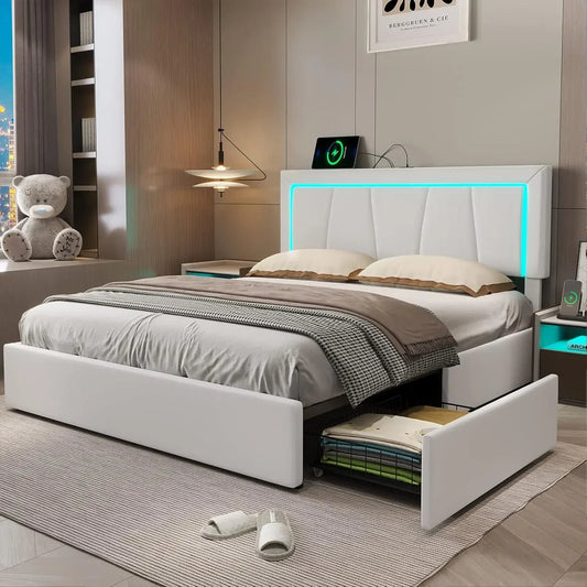 Queen Bed Frame with 4 Storage Drawers, LED Light Platform Bed Queen Size with Charging Station