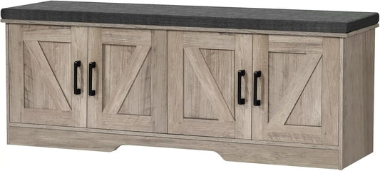 2-Tier Storage Bench Shoe Bench with Padded Seat Cushion Entryway Bench with 4 Barn Doors Adjustable Shelf 13.8" D x 47.2" W x 1