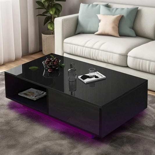 43.3IN LED Black Coffee Tables for Living Room with 16 Colors LED Lights Modern Coffee Table with Storage Drawer Rectangle Cent